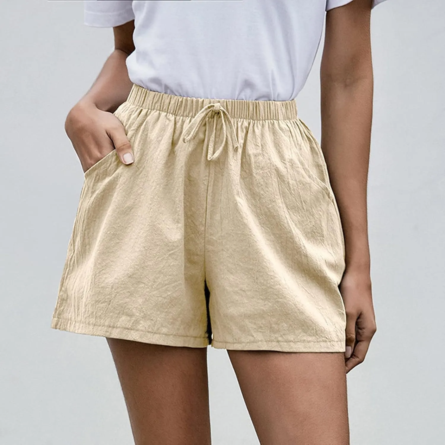 Womens Cotton Shorts Summer Comfy Linen Blend Pull On Short Breathable Elastic Waist Solid Color Work Trouser