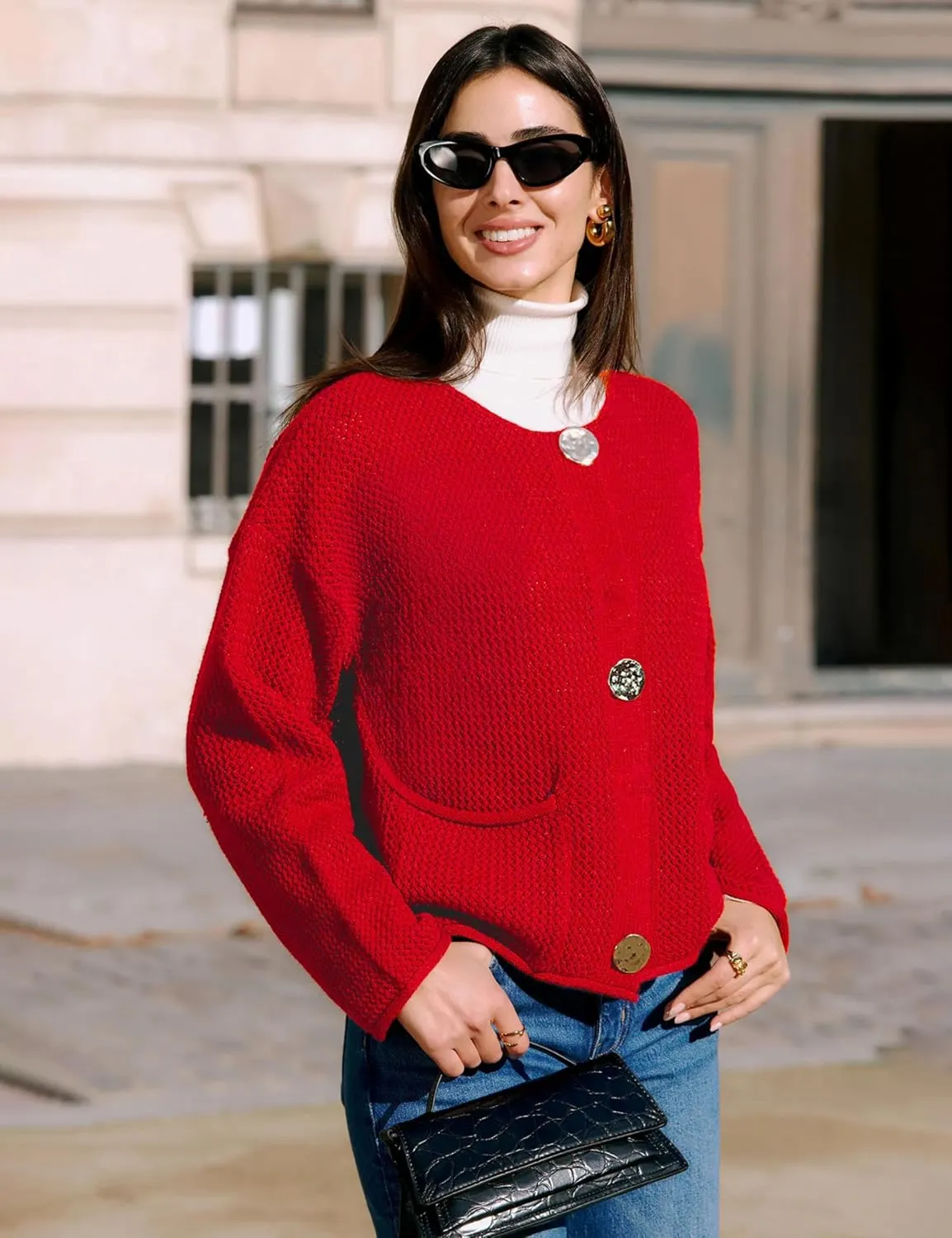 Women's Cropped Cardigan Sweaters Chunky Knit Gold Button Down Long Sleeve Open Front Cardigan with Pockets