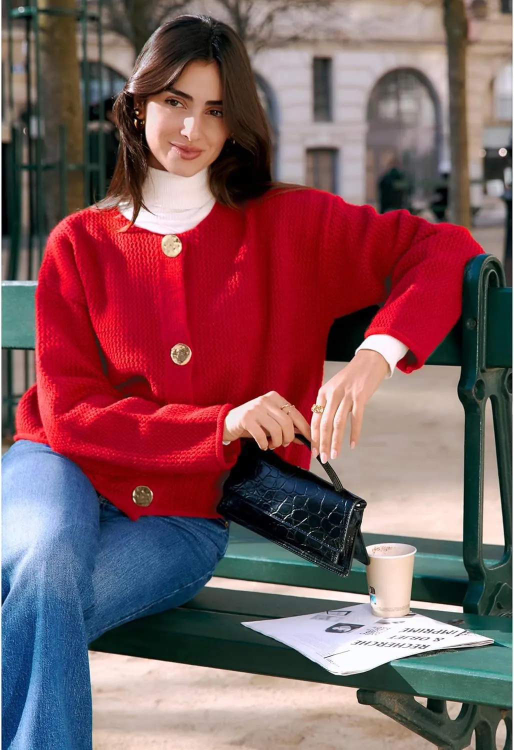 Women's Cropped Cardigan Sweaters Chunky Knit Gold Button Down Long Sleeve Open Front Cardigan with Pockets