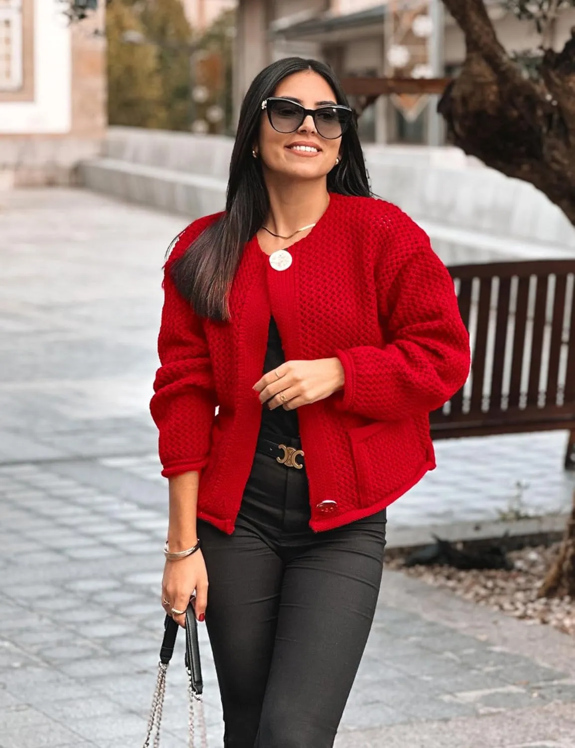 Women's Cropped Cardigan Sweaters Chunky Knit Gold Button Down Long Sleeve Open Front Cardigan with Pockets