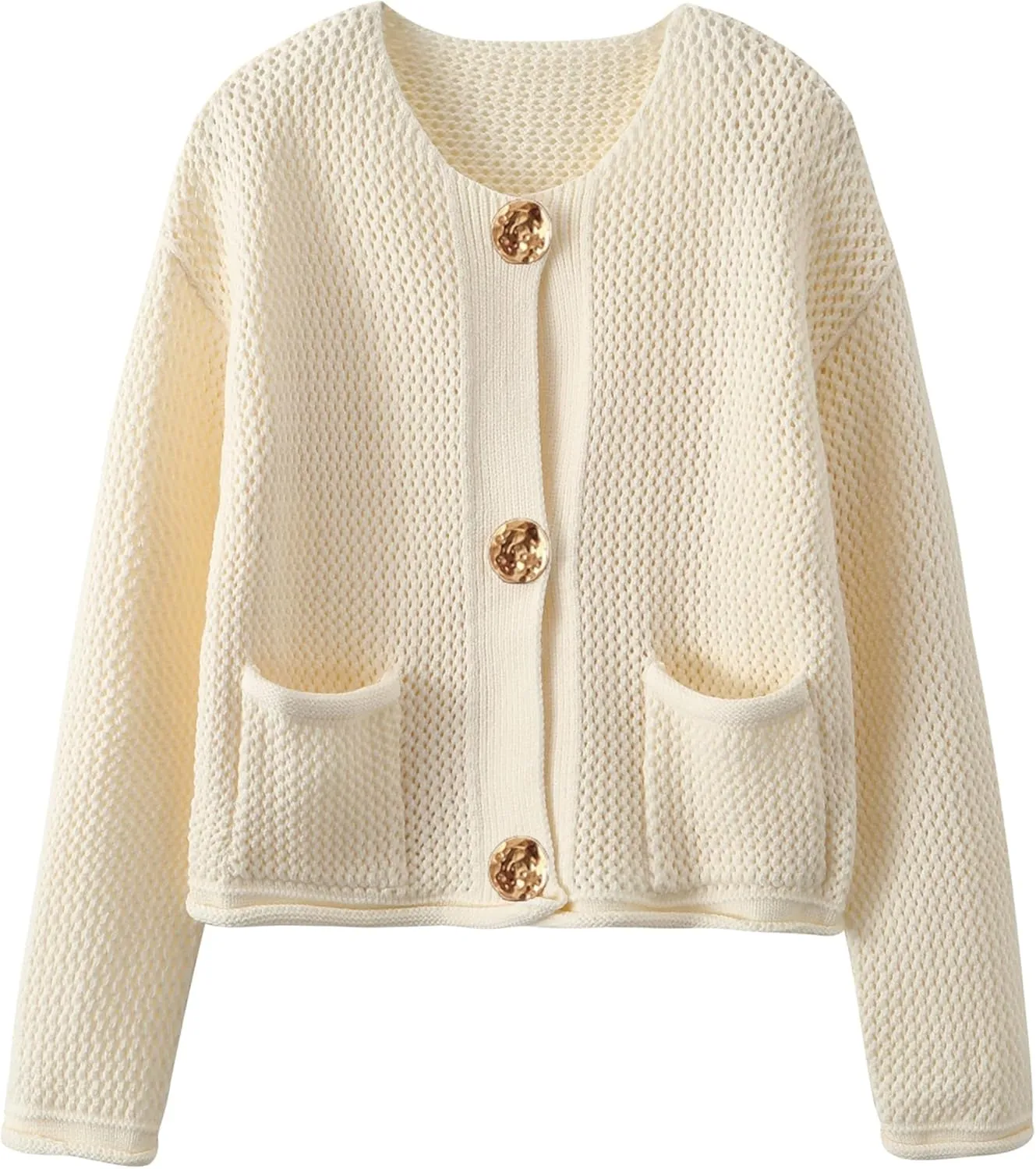 Women's Cropped Cardigan Sweaters Chunky Knit Gold Button Down Long Sleeve Open Front Cardigan with Pockets