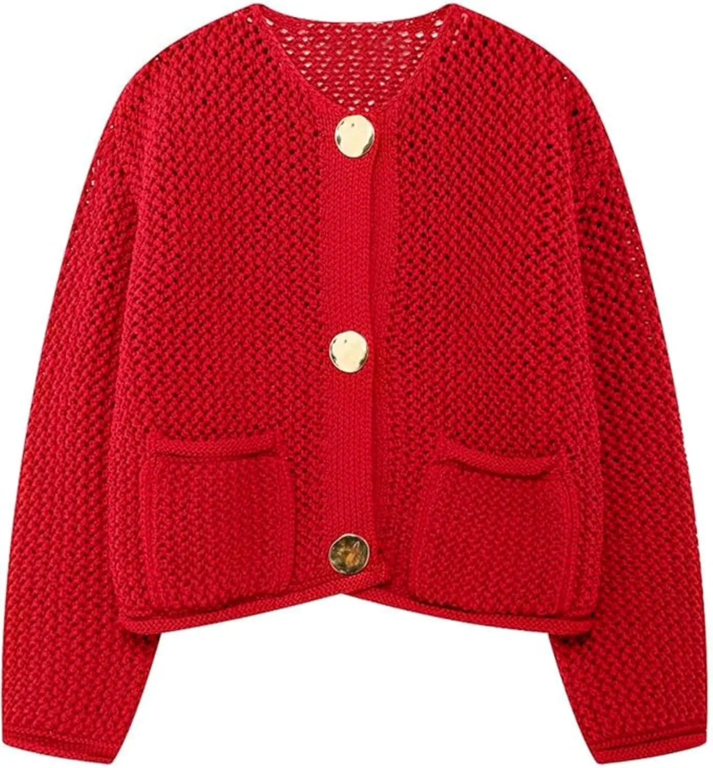 Women's Cropped Cardigan Sweaters Chunky Knit Gold Button Down Long Sleeve Open Front Cardigan with Pockets