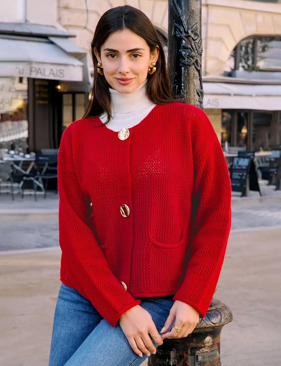 Women's Cropped Cardigan Sweaters Chunky Knit Gold Button Down Long Sleeve Open Front Cardigan with Pockets