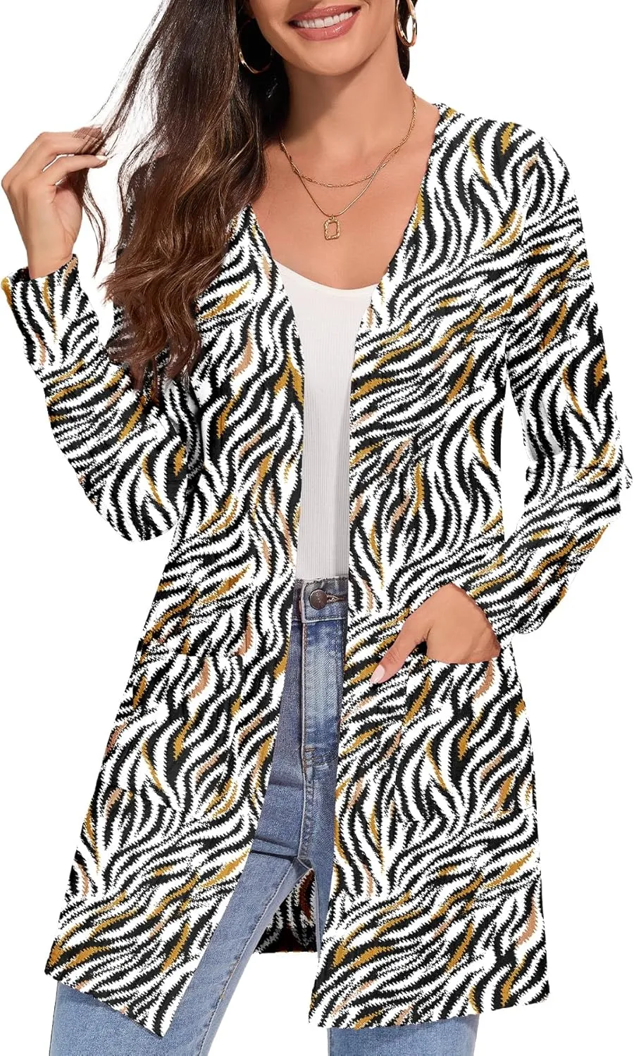 Women's Fall Casual Open Front Long Cardigan Loose Lightweight Cardigans with Pockets