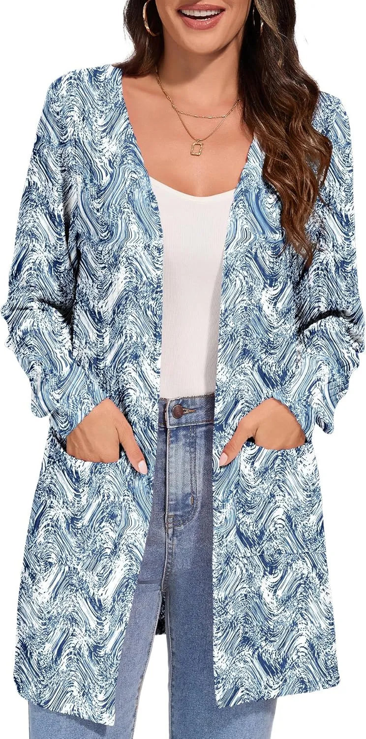 Women's Fall Casual Open Front Long Cardigan Loose Lightweight Cardigans with Pockets