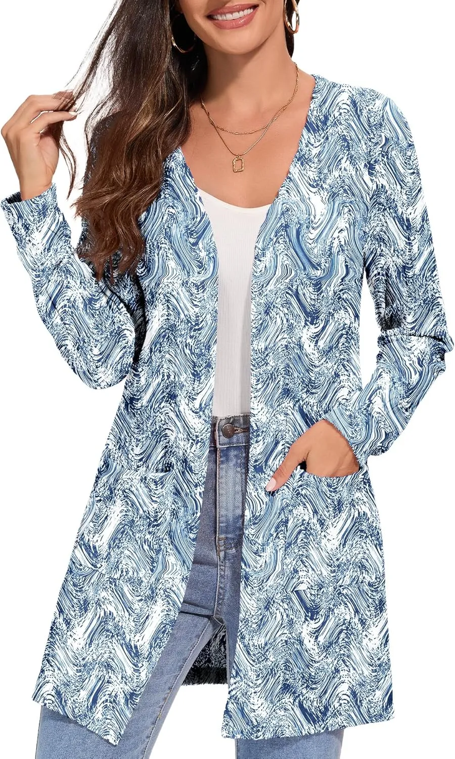 Women's Fall Casual Open Front Long Cardigan Loose Lightweight Cardigans with Pockets