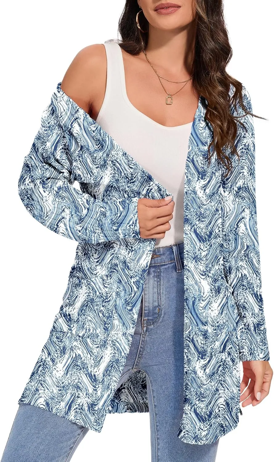 Women's Fall Casual Open Front Long Cardigan Loose Lightweight Cardigans with Pockets