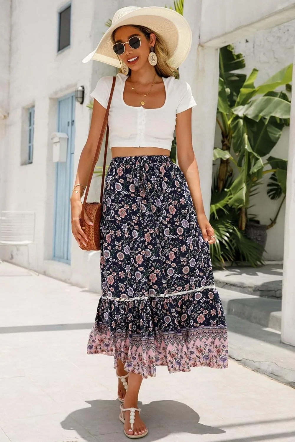 Women's Floral Boho Maxi Skirt Elastic High Waist Flowy A Line Bohemian Long Skirt