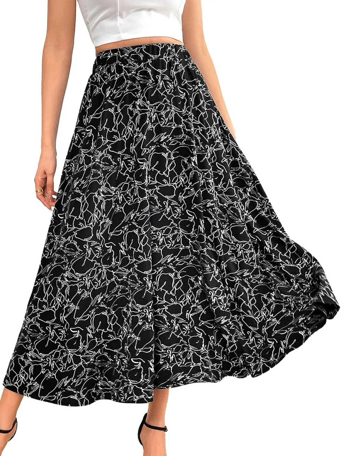 Women's Flowy Elastic High Waist Skirts Trendy Summer 2025 Boho Casual Beach Holiday Floral Print A Line Midi Skirt 802