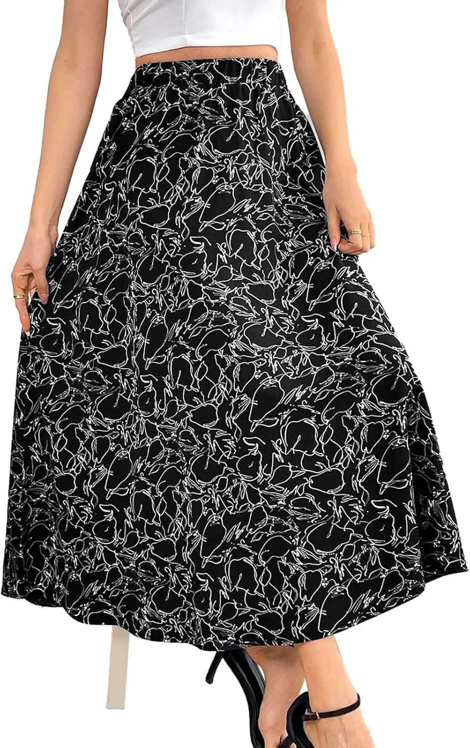 Women's Flowy Elastic High Waist Skirts Trendy Summer 2025 Boho Casual Beach Holiday Floral Print A Line Midi Skirt 802