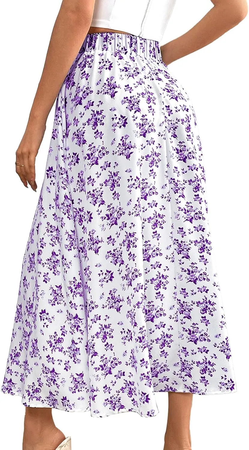 Women's Flowy Elastic High Waist Skirts Trendy Summer 2025 Boho Casual Beach Holiday Floral Print A Line Midi Skirt 802