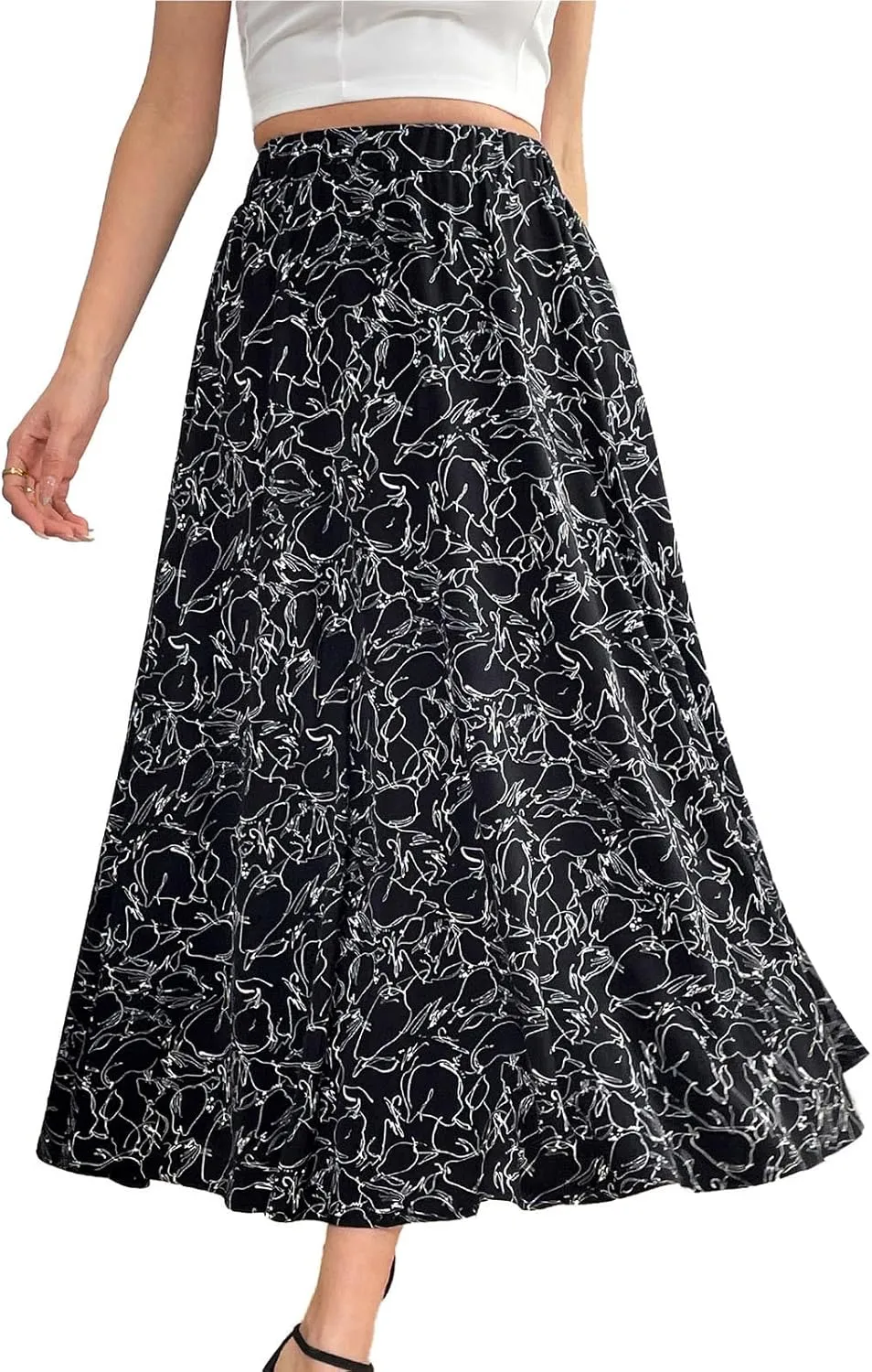 Women's Flowy Elastic High Waist Skirts Trendy Summer 2025 Boho Casual Beach Holiday Floral Print A Line Midi Skirt 802