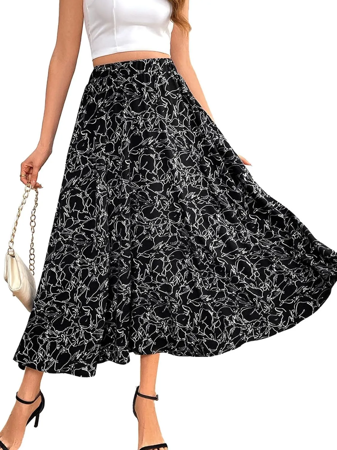 Women's Flowy Elastic High Waist Skirts Trendy Summer 2025 Boho Casual Beach Holiday Floral Print A Line Midi Skirt 802