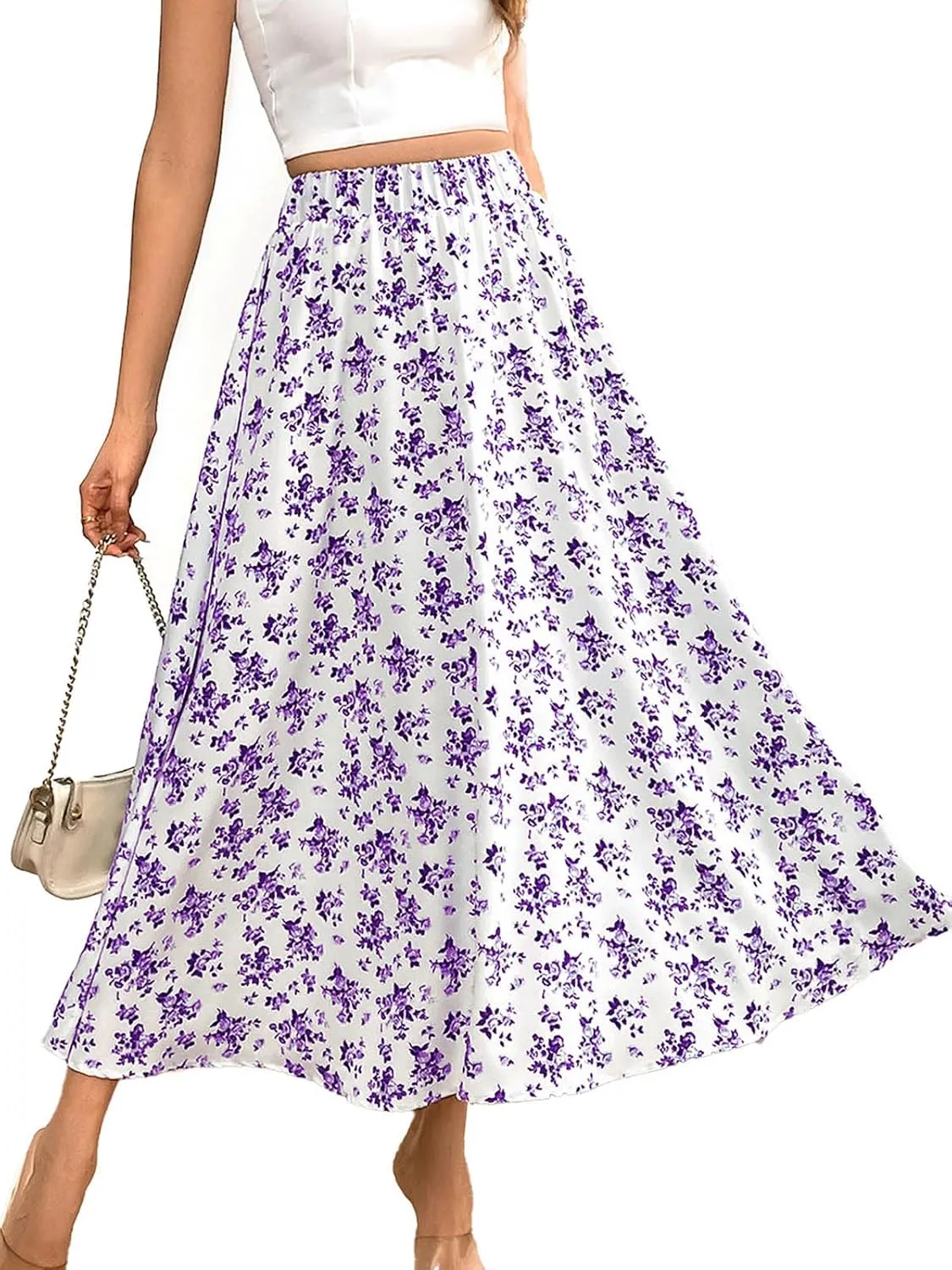 Women's Flowy Elastic High Waist Skirts Trendy Summer 2025 Boho Casual Beach Holiday Floral Print A Line Midi Skirt 802