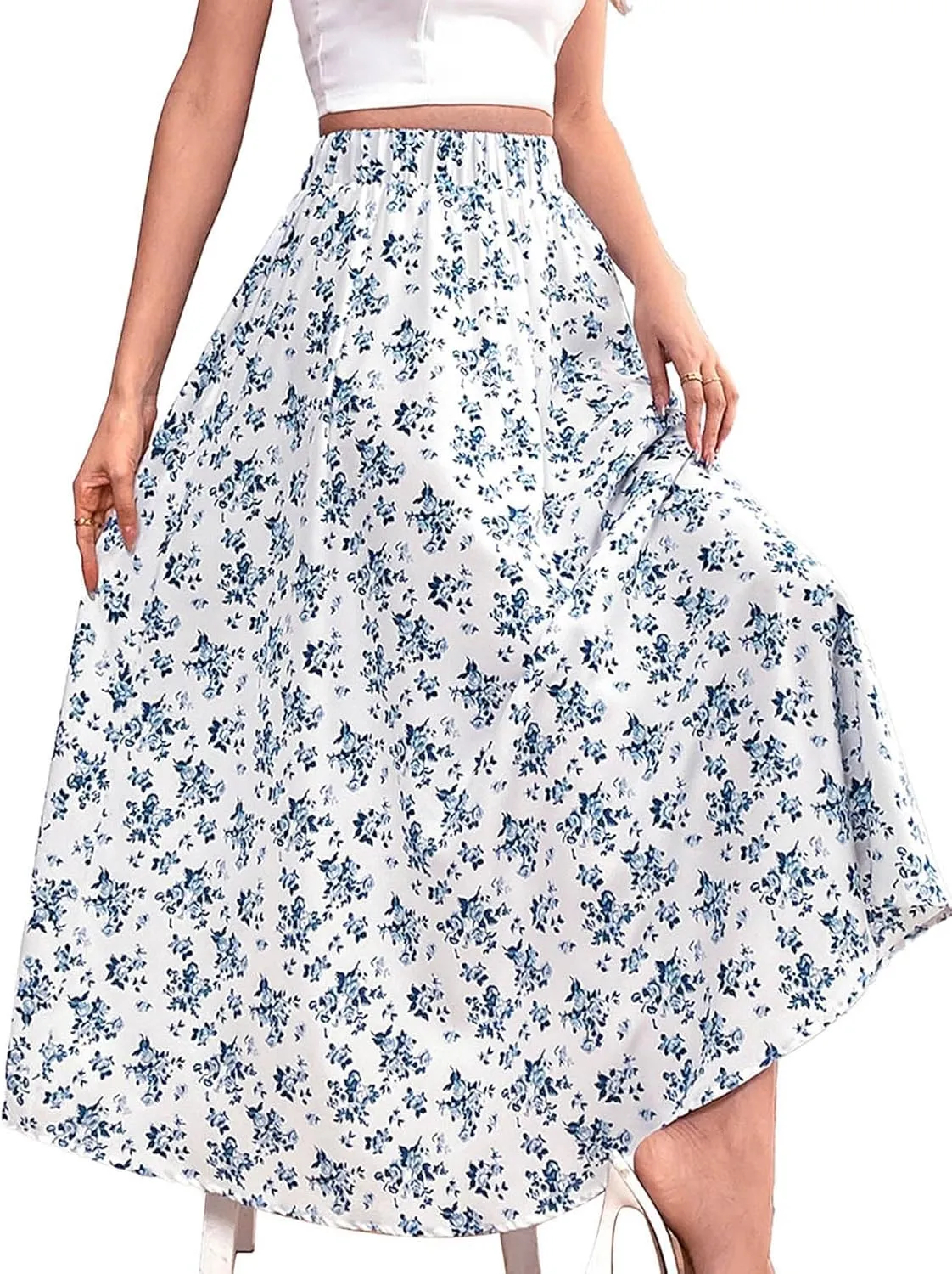 Women's Flowy Elastic High Waist Skirts Trendy Summer 2025 Boho Casual Beach Holiday Floral Print A Line Midi Skirt 802