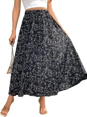 Women's Flowy Elastic High Waist Skirts Trendy Summer 2025 Boho Casual Beach Holiday Floral Print A Line Midi Skirt 802
