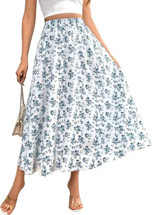 Women's Flowy Elastic High Waist Skirts Trendy Summer 2025 Boho Casual Beach Holiday Floral Print A Line Midi Skirt 802