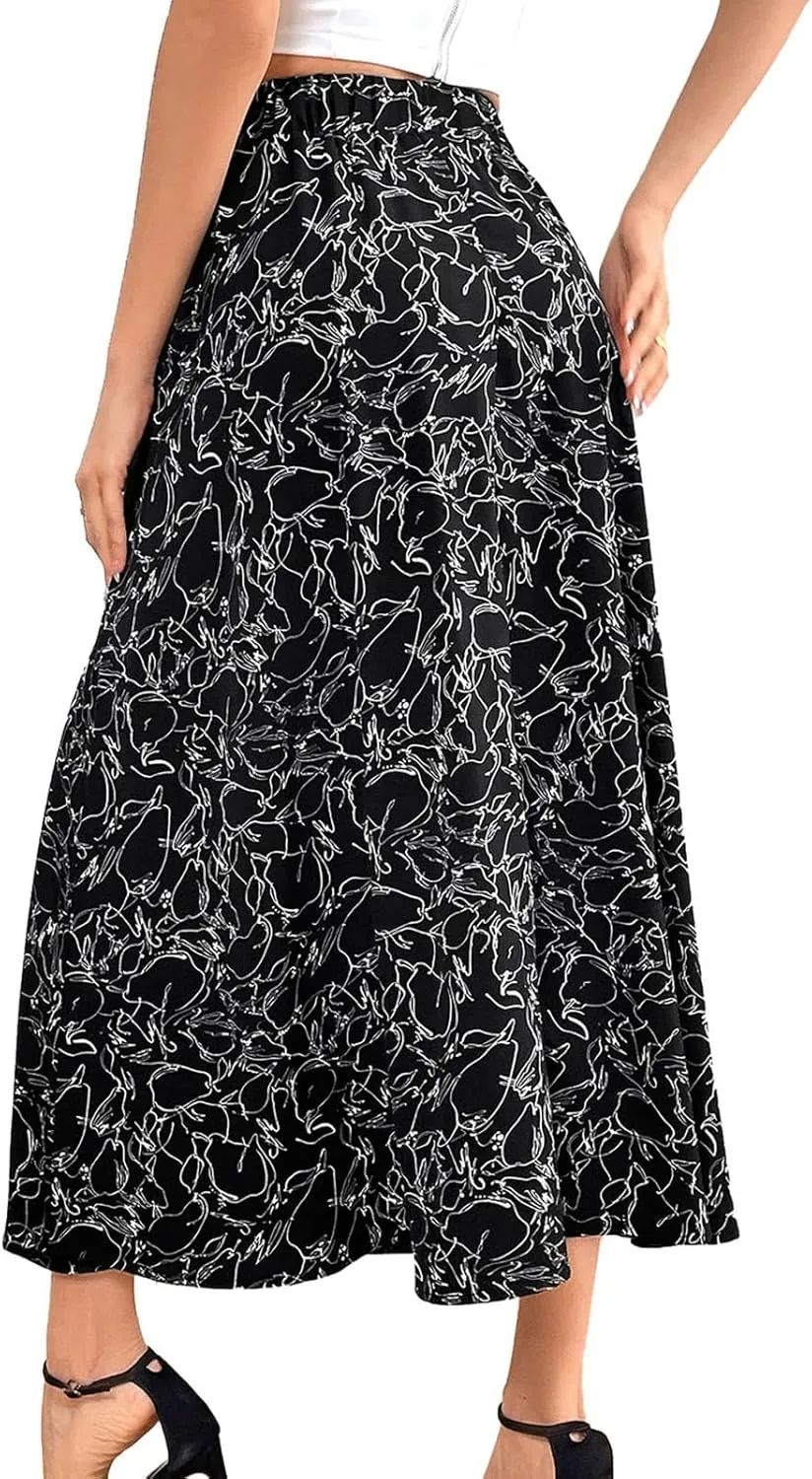 Women's Flowy Elastic High Waist Skirts Trendy Summer 2025 Boho Casual Beach Holiday Floral Print A Line Midi Skirt 802