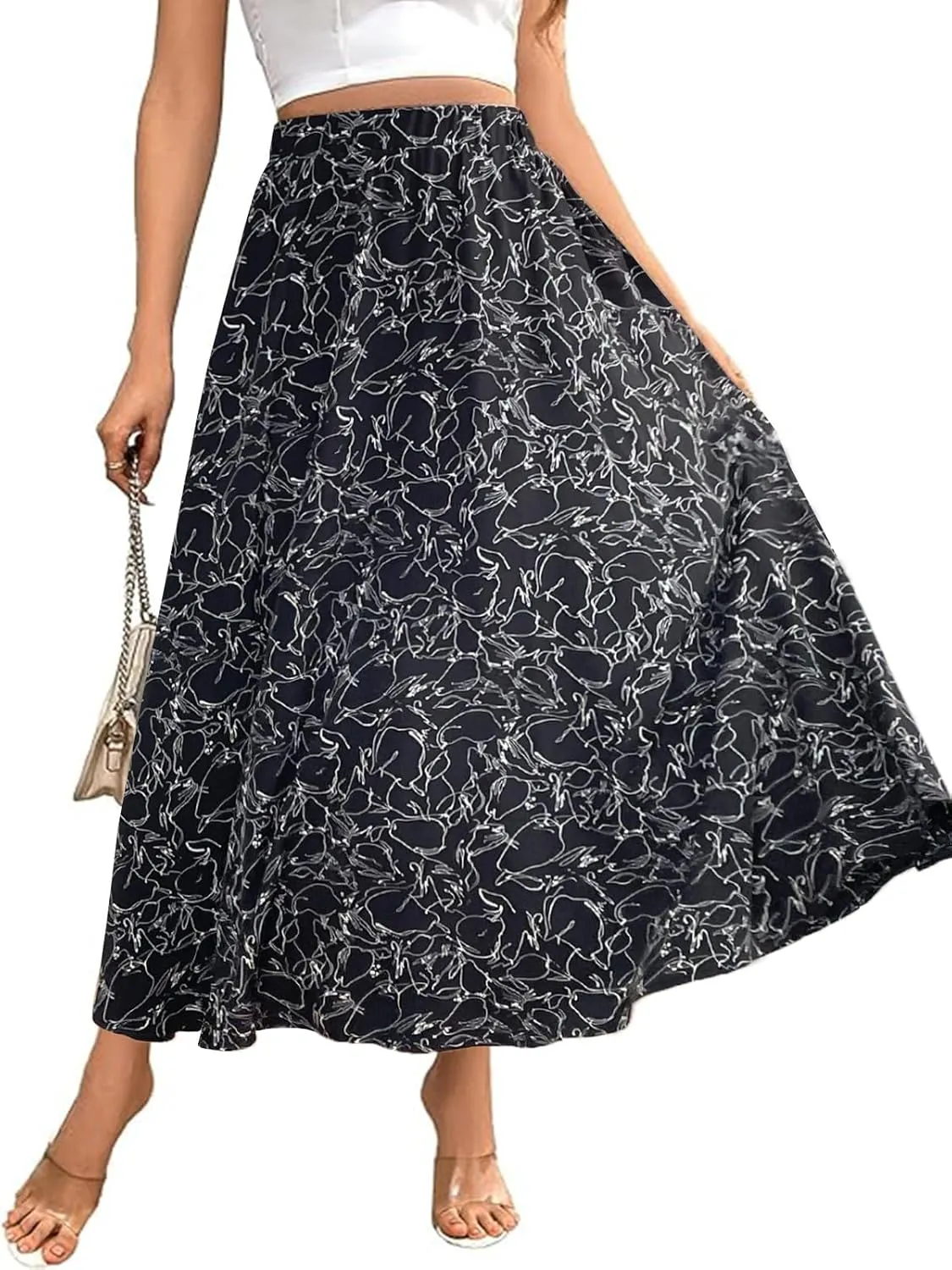 Women's Flowy Elastic High Waist Skirts Trendy Summer 2025 Boho Casual Beach Holiday Floral Print A Line Midi Skirt 802
