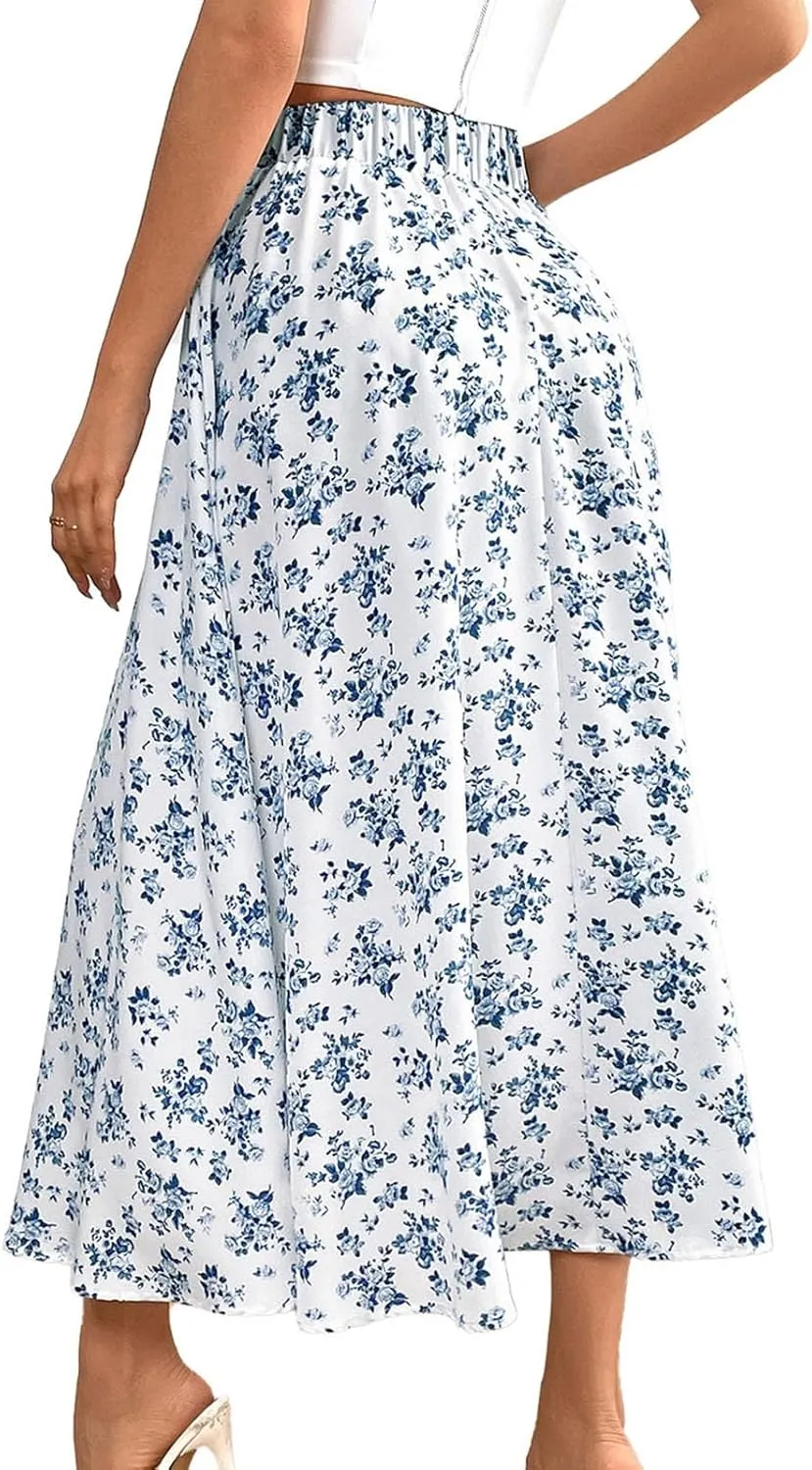 Women's Flowy Elastic High Waist Skirts Trendy Summer 2025 Boho Casual Beach Holiday Floral Print A Line Midi Skirt 802