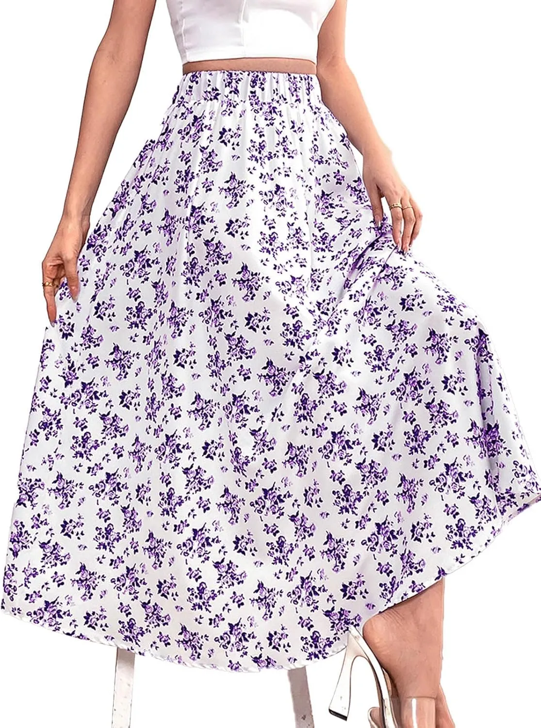 Women's Flowy Elastic High Waist Skirts Trendy Summer 2025 Boho Casual Beach Holiday Floral Print A Line Midi Skirt 802
