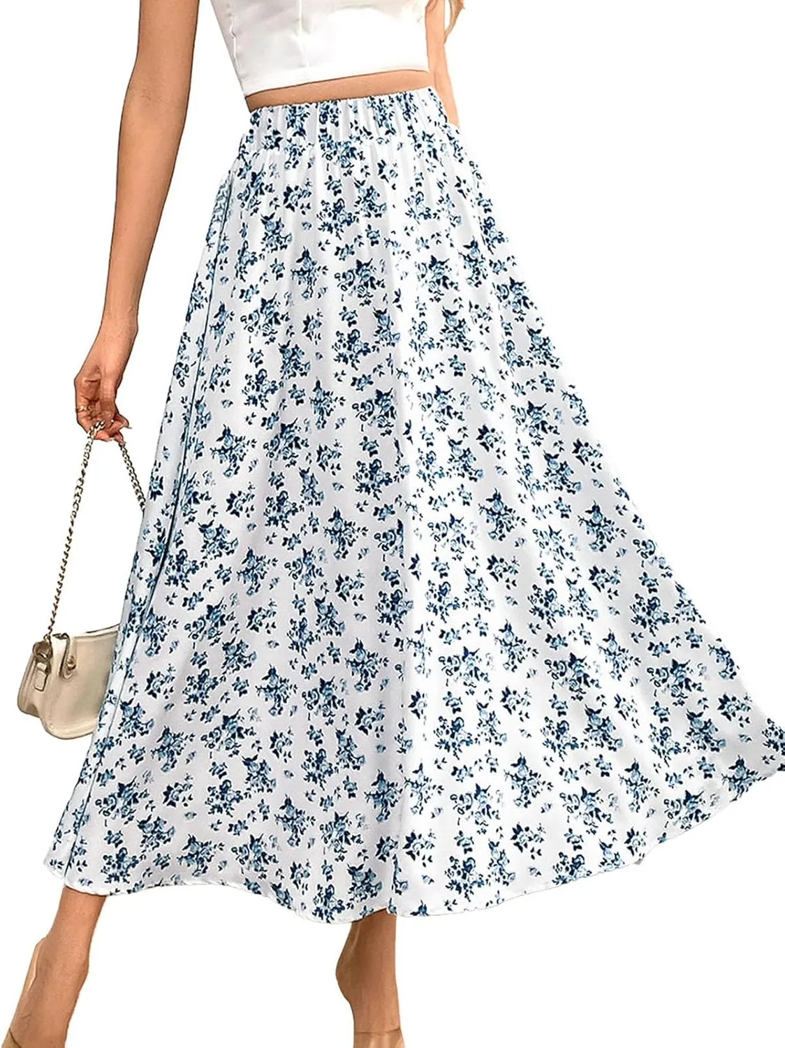 Women's Flowy Elastic High Waist Skirts Trendy Summer 2025 Boho Casual Beach Holiday Floral Print A Line Midi Skirt 802