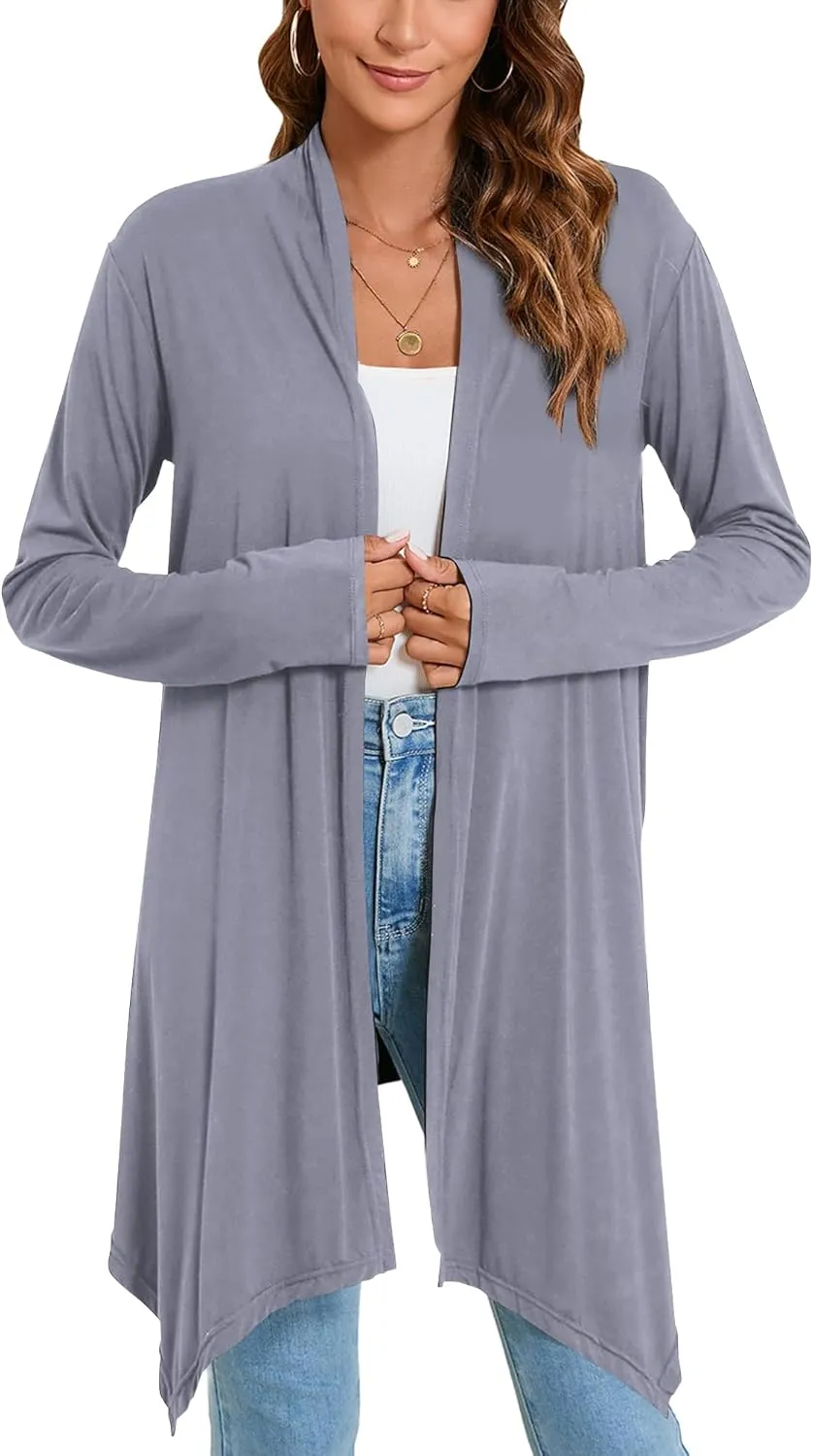 Women's Front Open Draped Cardigan Lightweight Black Casual Long Sleeve Soft Sweaters
