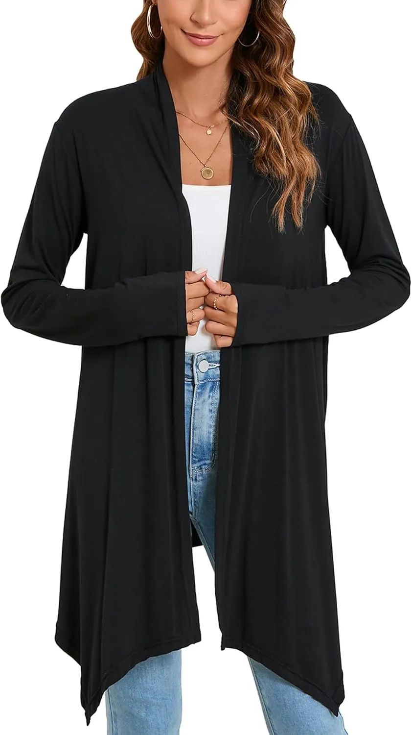 Women's Front Open Draped Cardigan Lightweight Black Casual Long Sleeve Soft Sweaters