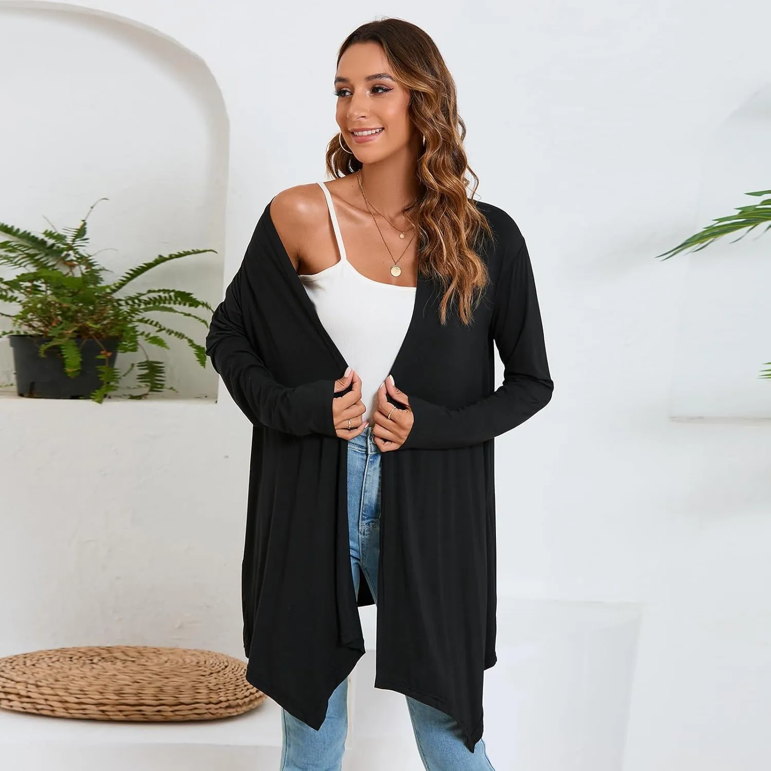 Women's Front Open Draped Cardigan Lightweight Black Casual Long Sleeve Soft Sweaters