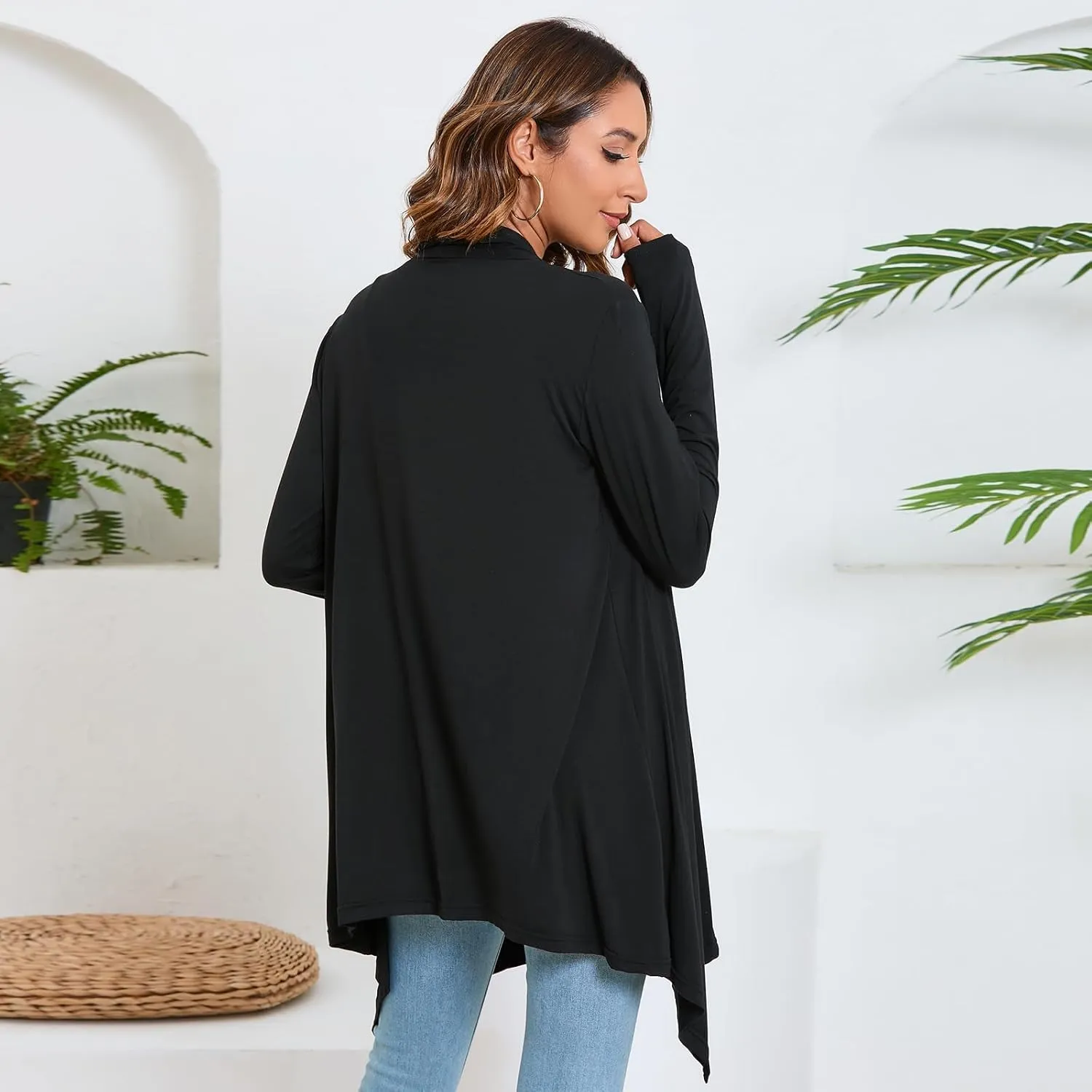 Women's Front Open Draped Cardigan Lightweight Black Casual Long Sleeve Soft Sweaters