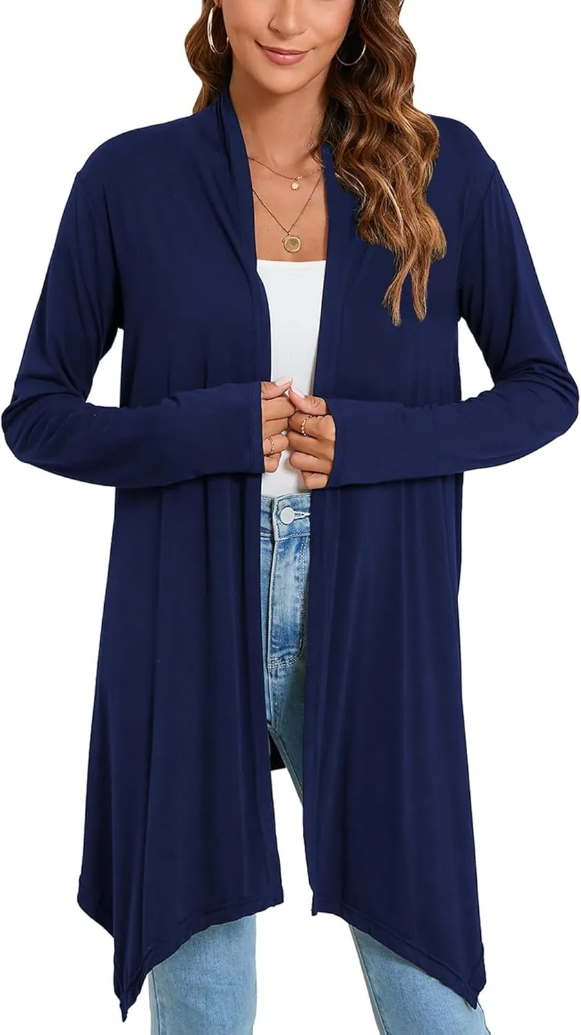 Women's Front Open Draped Cardigan Lightweight Black Casual Long Sleeve Soft Sweaters