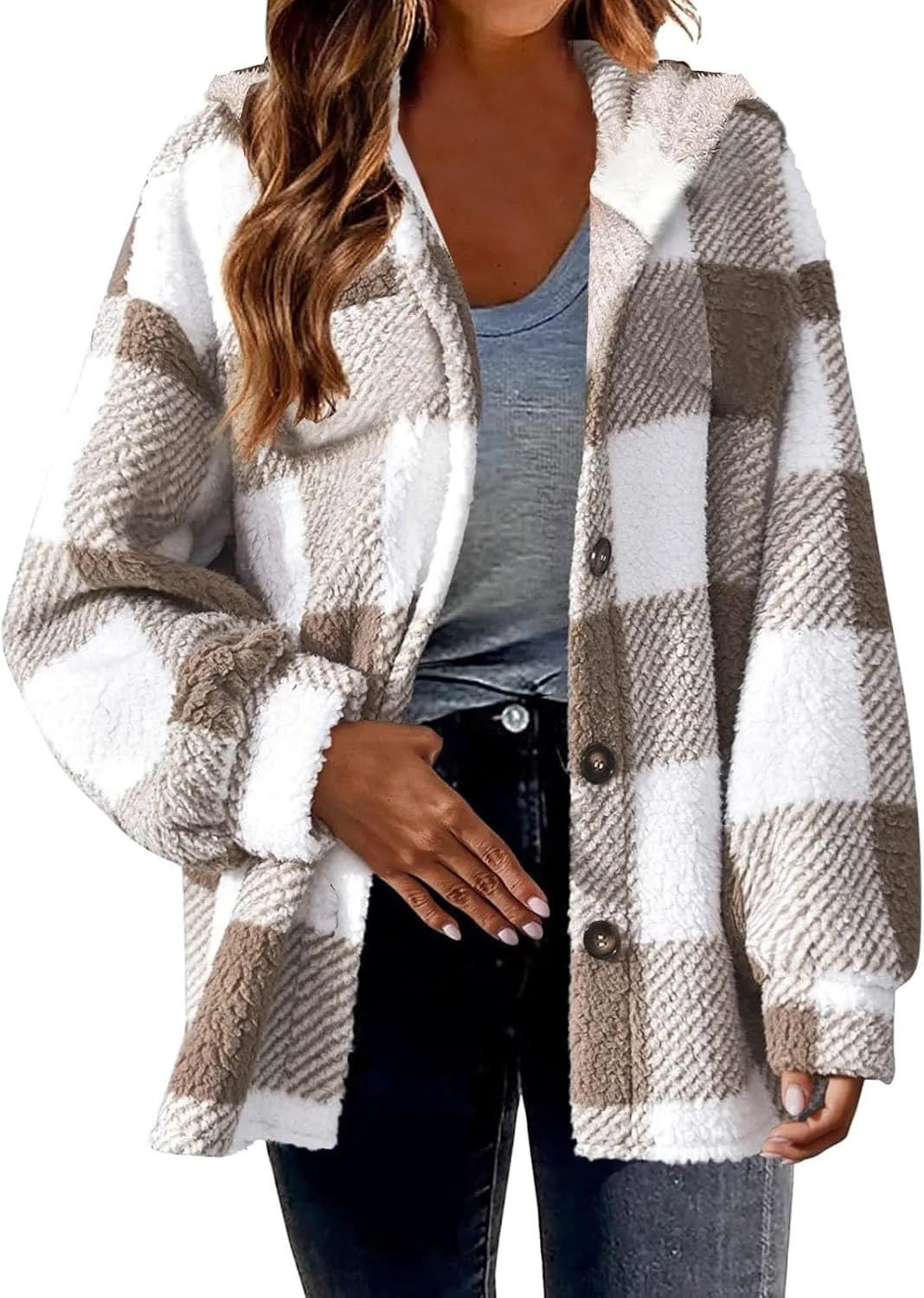 Womens Fuzzy Flannel Jacket Fall Fashion Sherpa Lined Plaid Shacket Long Sleeve Button Down Fleece Plush Hoodies