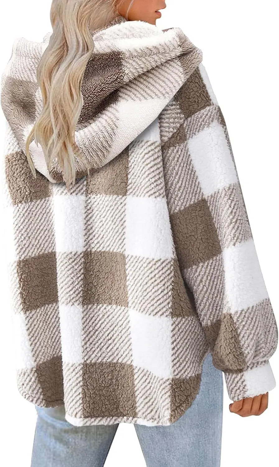 Womens Fuzzy Flannel Jacket Fall Fashion Sherpa Lined Plaid Shacket Long Sleeve Button Down Fleece Plush Hoodies