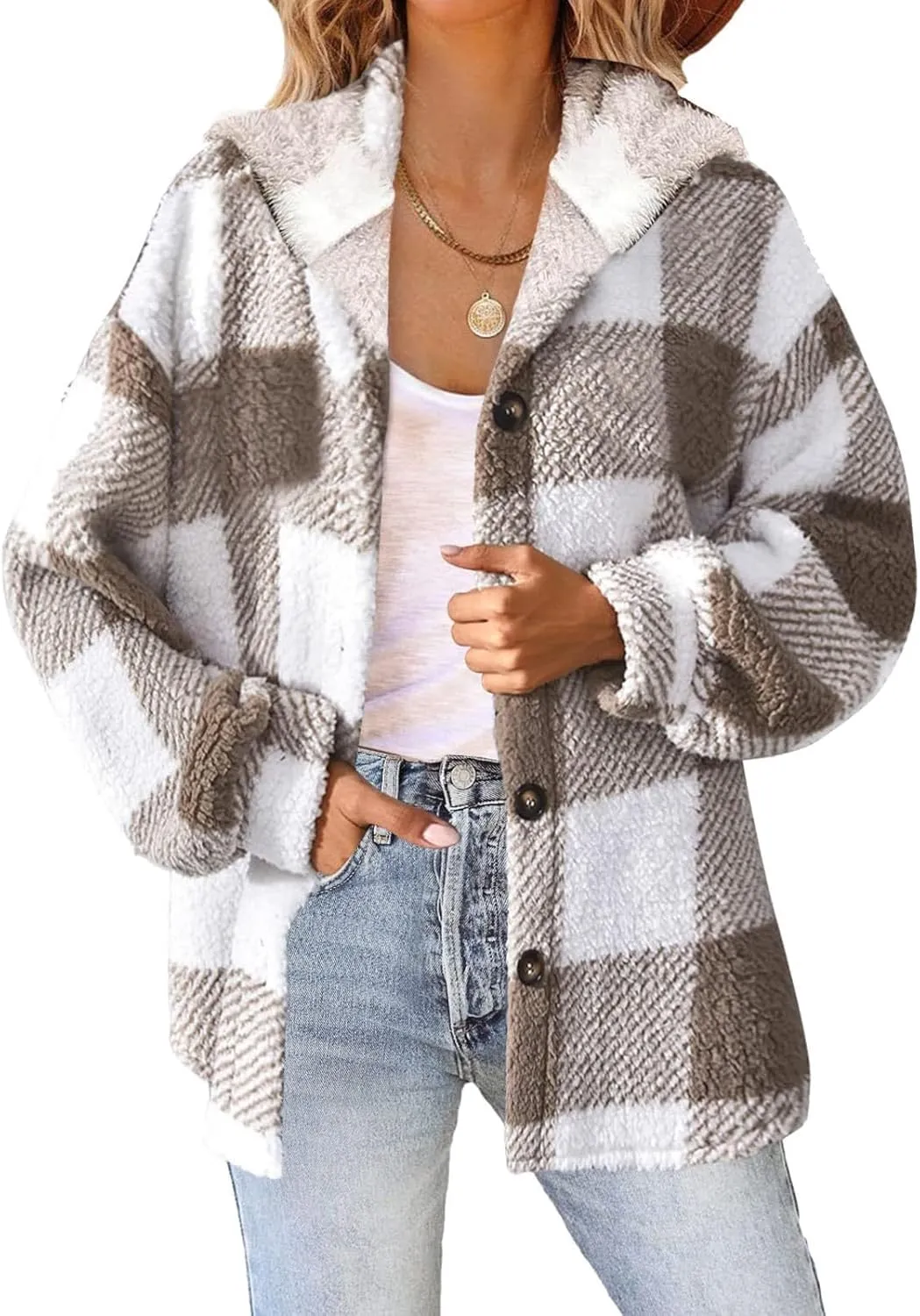 Womens Fuzzy Flannel Jacket Fall Fashion Sherpa Lined Plaid Shacket Long Sleeve Button Down Fleece Plush Hoodies