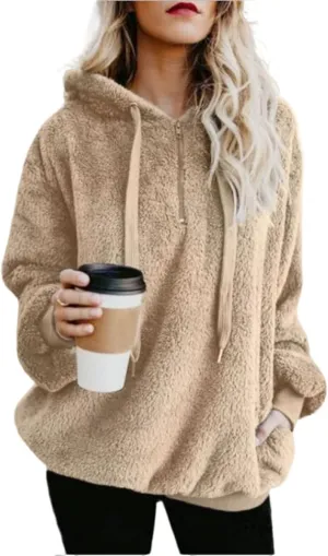 Womens Fuzzy Hoodies Oversized Sweatshirts Casual Warm Athletic Cozy Hooded Sherpa Lined Fleece Pullover with Pockets