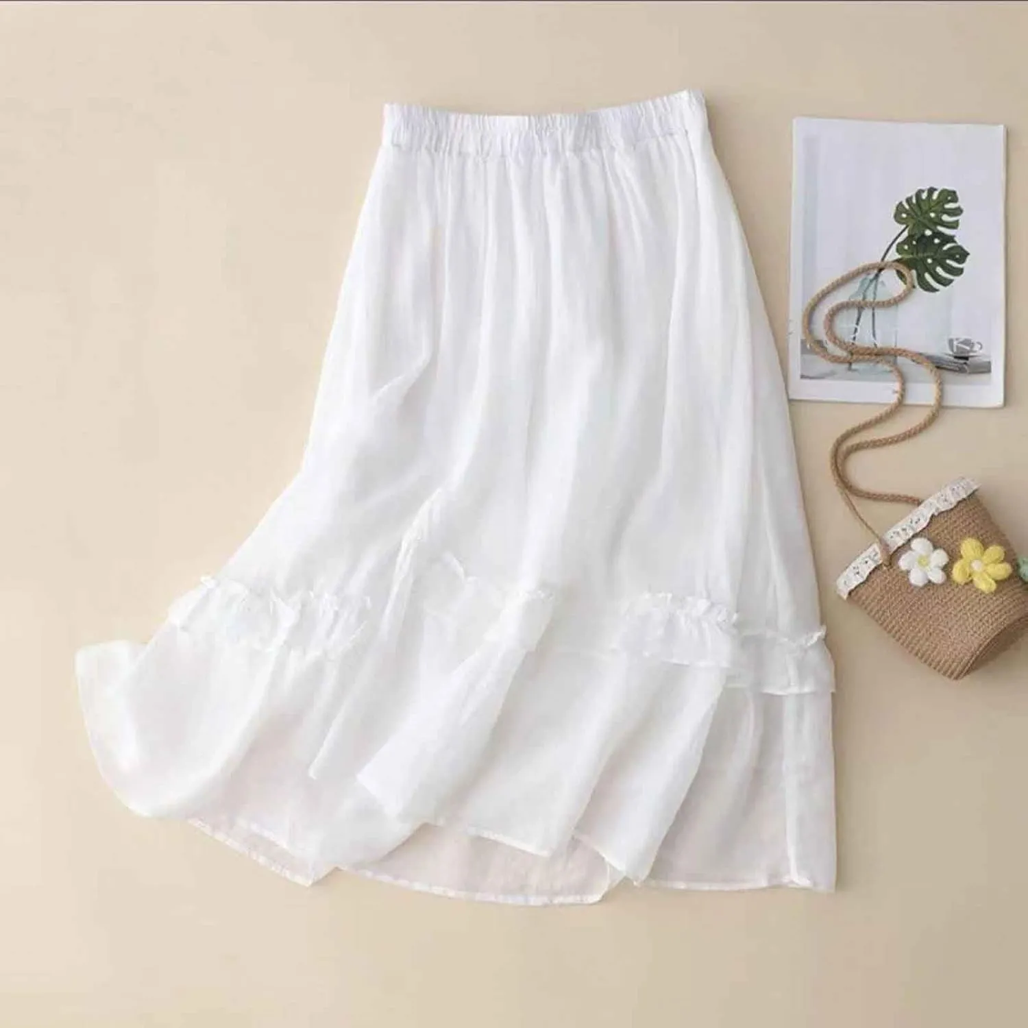 Women's Girls Elastic Waist Long Flowy Bohemian Cotton Casual Maxi Skirt for Summer Beach Holiday