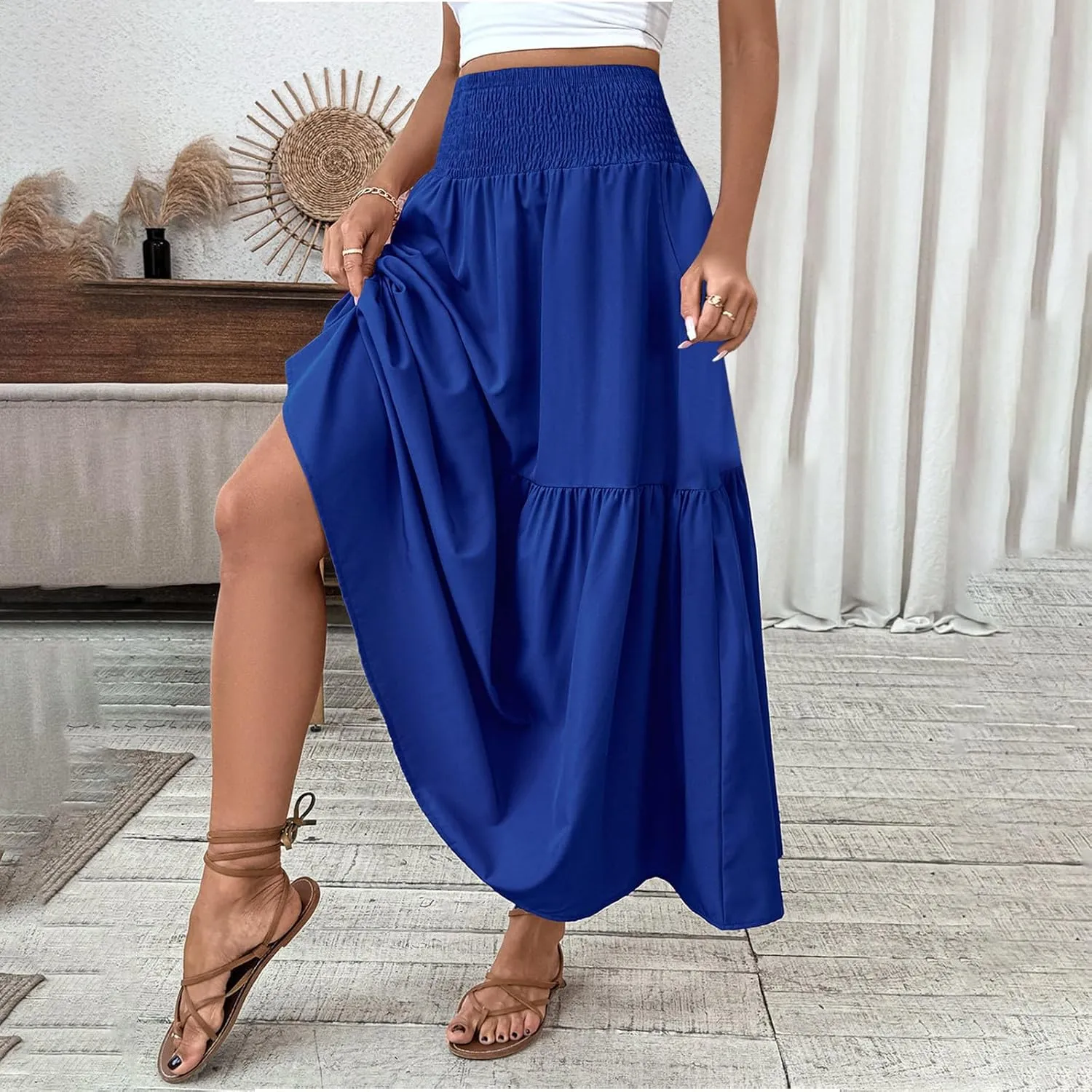 Women's High Elastic Waist Midi Skirt Casual Summer Trendy Tie Front Flowy Ruffle Floral Print A line Skirts
