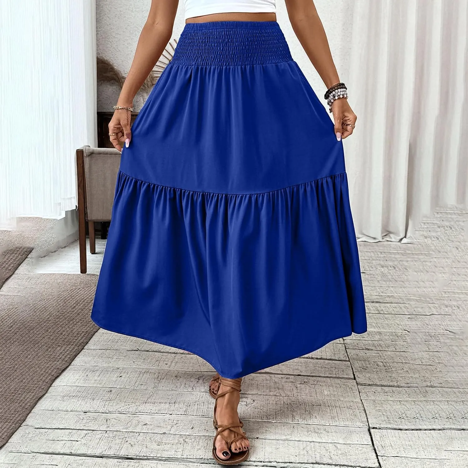 Women's High Elastic Waist Midi Skirt Casual Summer Trendy Tie Front Flowy Ruffle Floral Print A line Skirts