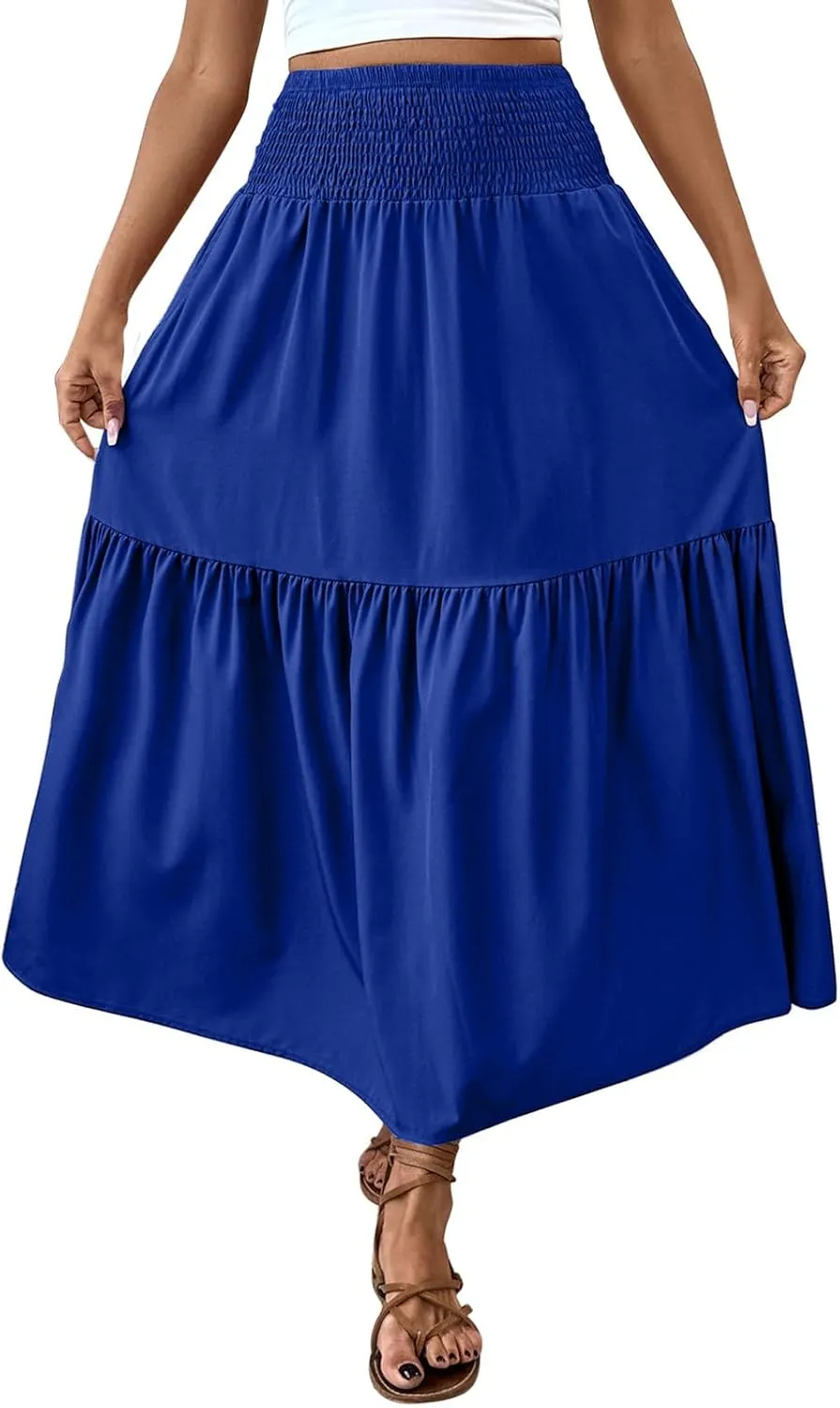Women's High Elastic Waist Midi Skirt Casual Summer Trendy Tie Front Flowy Ruffle Floral Print A line Skirts