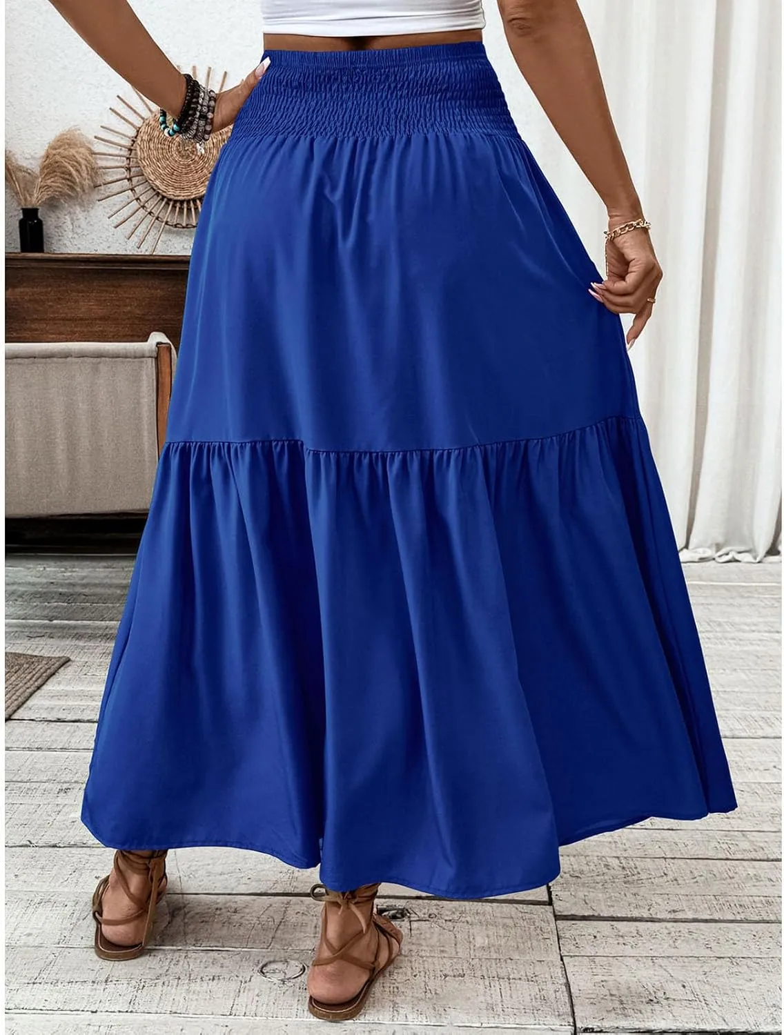 Women's High Elastic Waist Midi Skirt Casual Summer Trendy Tie Front Flowy Ruffle Floral Print A line Skirts