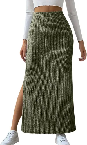 Women's High Waist Stretchy Rib Knit Split Slit Hem Midi Pencil Skirt Pleated Skirt with Stripe