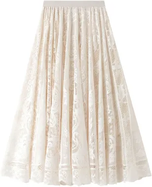 Womens Lace Tulle Skirt Elastic High Waist A-line Skirts Mesh Layered Fairy Skirt Pleated Tutu Midi Skirts 2025