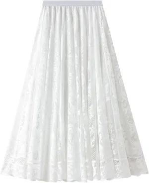 Womens Lace Tulle Skirt Elastic High Waist A-line Skirts Mesh Layered Fairy Skirt Pleated Tutu Midi Skirts 2025