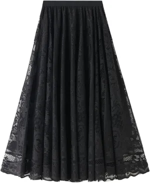 Womens Lace Tulle Skirt Elastic High Waist A-line Skirts Mesh Layered Fairy Skirt Pleated Tutu Midi Skirts 2025