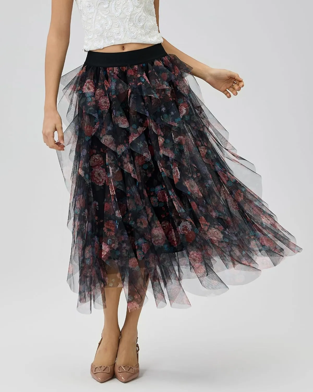 Womens Layered Ruffles Tulle Skirt Pleated High Waist Fluffy Maxi Skirt Fairy Cake Dress Long Tutu Party Skirt
