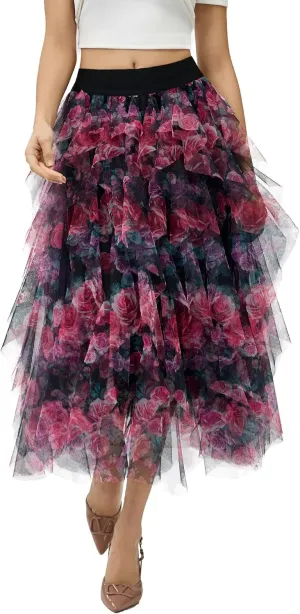 Womens Layered Ruffles Tulle Skirt Pleated High Waist Fluffy Maxi Skirt Fairy Cake Dress Long Tutu Party Skirt