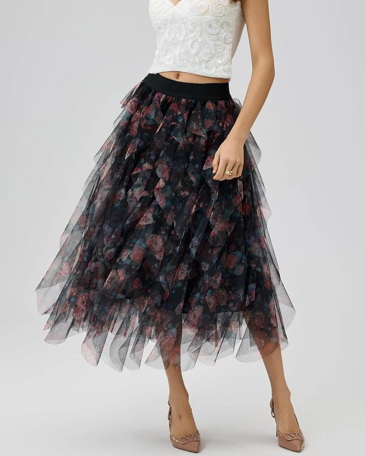 Womens Layered Ruffles Tulle Skirt Pleated High Waist Fluffy Maxi Skirt Fairy Cake Dress Long Tutu Party Skirt