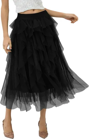Womens Layered Ruffles Tulle Skirt Pleated High Waist Fluffy Maxi Skirt Fairy Cake Dress Long Tutu Party Skirt