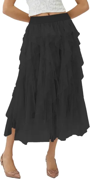 Womens Layered Ruffles Tulle Skirt Pleated High Waist Fluffy Maxi Skirt Fairy Cake Dress Long Tutu Party Skirt