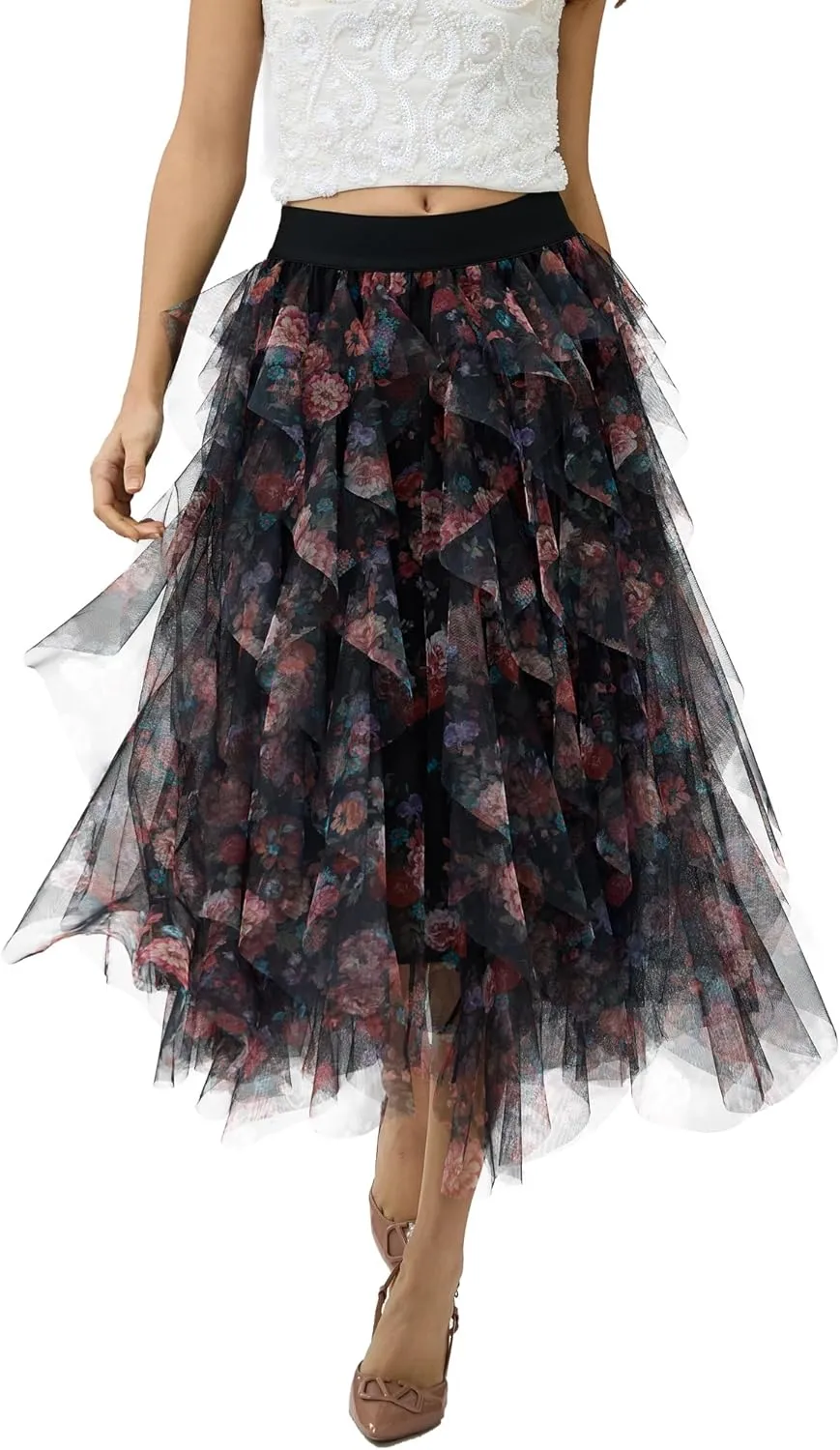 Womens Layered Ruffles Tulle Skirt Pleated High Waist Fluffy Maxi Skirt Fairy Cake Dress Long Tutu Party Skirt